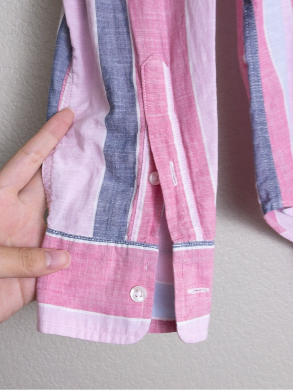 Frank & Eileen Italian Cotton Eileen Button-Up Shirt XS Pink Navy Wide Stripe - Picture 5 of 9